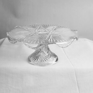 Vintage Jeannette Glass Co Footed Cake Stand Starburst Pattern Scalloped Edge
